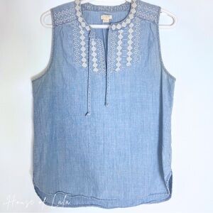 J. Crew Chambray Tank Top. Embroidered Detail. Sleeveless Summer Casual Blouse